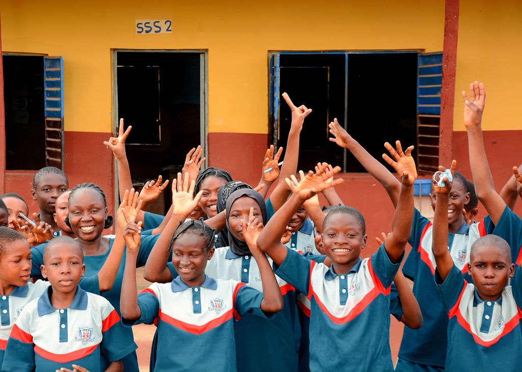 Pupils celebrating a school event